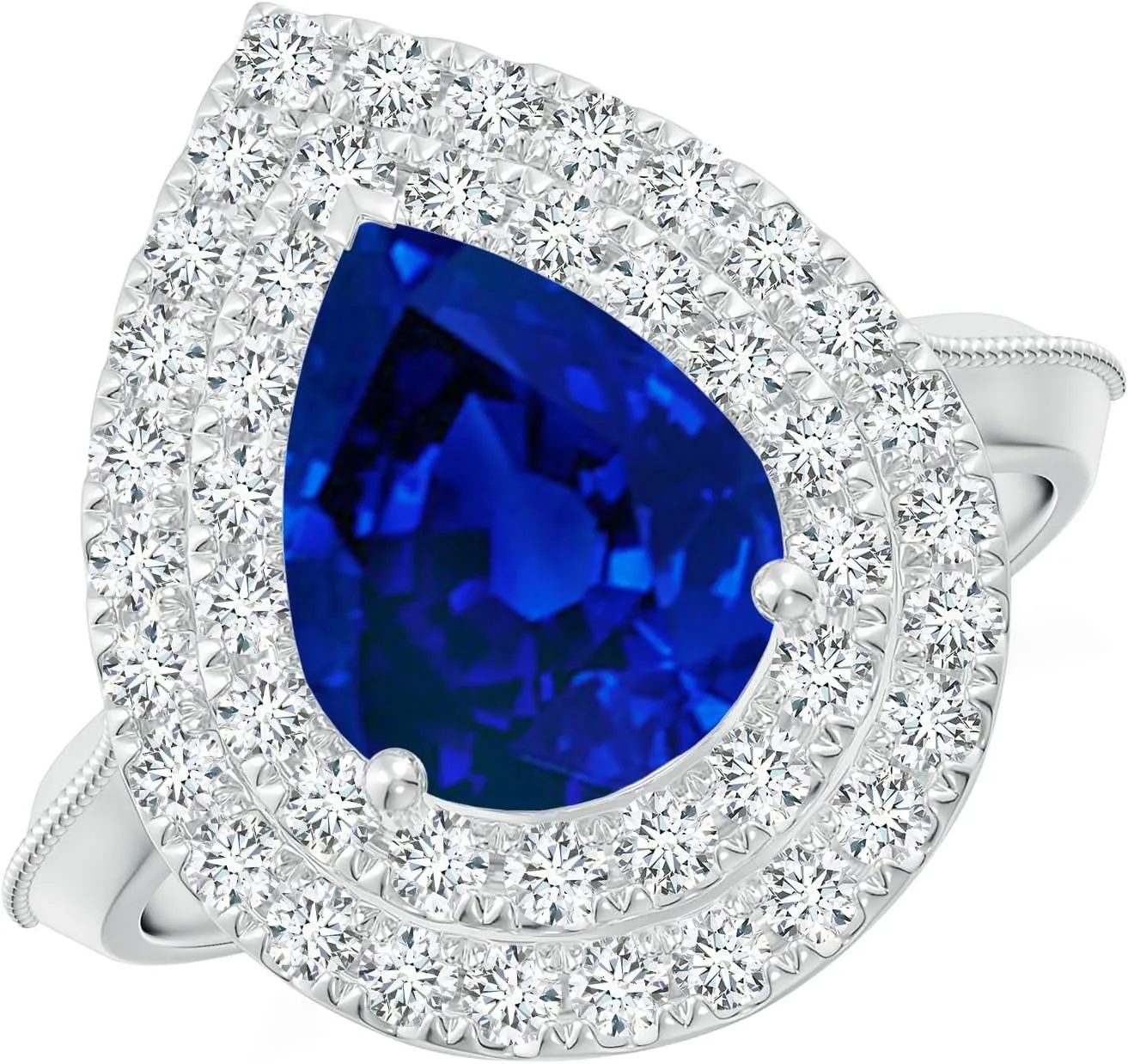 Angara Lab Grown Vintage Inspired Pear Blue Sapphire Double Halo Engagement Ring in 14K Solid Gold/Platinum | Birthday, Anniversary, Wedding Jewelry Gift for Women