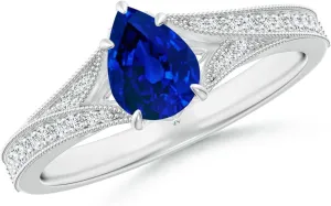 Angara Lab Grown Vintage Inspired Pear Blue Sapphire Split Shank Engagement Ring in 14K Solid Gold/Platinum | Birthday, Anniversary, Wedding Jewelry Gift for Women