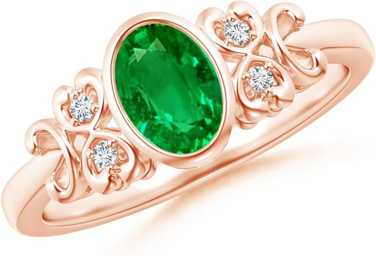 Angara Lab Grown Vintage Style Bezel-Set Oval Emerald Ring with Diamonds in 14K Solid Gold | May Birthstone, Birthday, Engagement, Anniversary, Wedding Jewelry Gift for Women