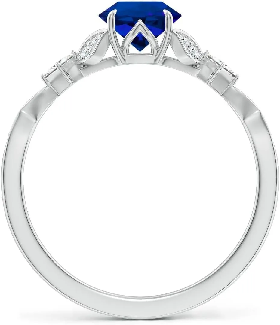 Angara Lab Grown Vintage Style Round Blue Sapphire Engagement Ring with Leaf Motifs in 14K Solid Gold/Platinum | Birthday, Anniversary, Wedding Jewelry Gift for Women