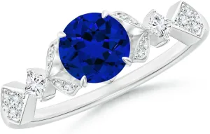 Angara Lab Grown Vintage Style Round Blue Sapphire Engagement Ring with Leaf Motifs in 14K Solid Gold/Platinum | Birthday, Anniversary, Wedding Jewelry Gift for Women