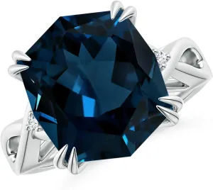 Angara Natural GIA Certified Cushion Rectangular 9.18 ct London Blue Topaz Crossover Ring with Diamond Accents in 14K Solid Gold/Platinum for Women | November Birthstone Jewelry for Women