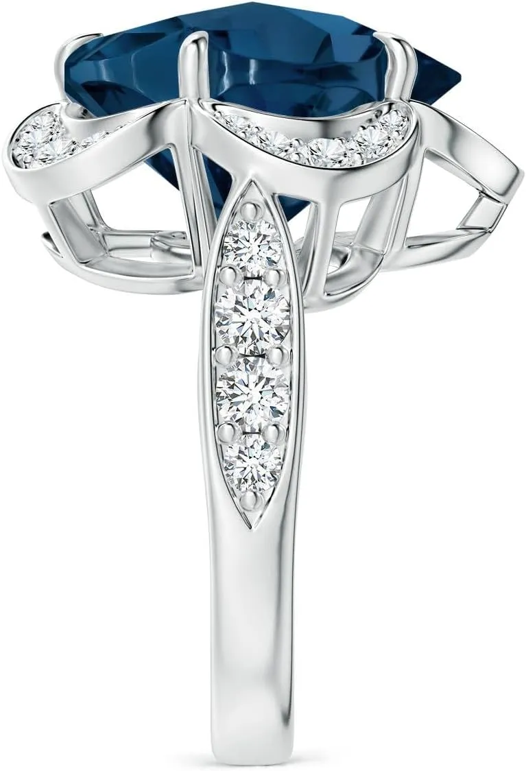 Angara Natural GIA Certified Five-Petal Flower 13.9 ct London Blue Topaz and Diamond Halo Ring in 14K Solid Gold/Platinum for Women | November Birthstone Jewelry for Women
