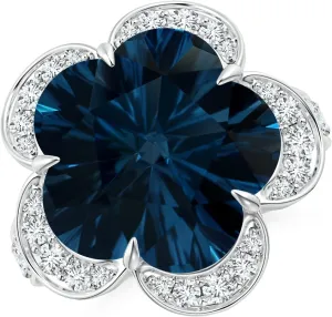 Angara Natural GIA Certified Five-Petal Flower 13.9 ct London Blue Topaz and Diamond Halo Ring in 14K Solid Gold/Platinum for Women | November Birthstone Jewelry for Women