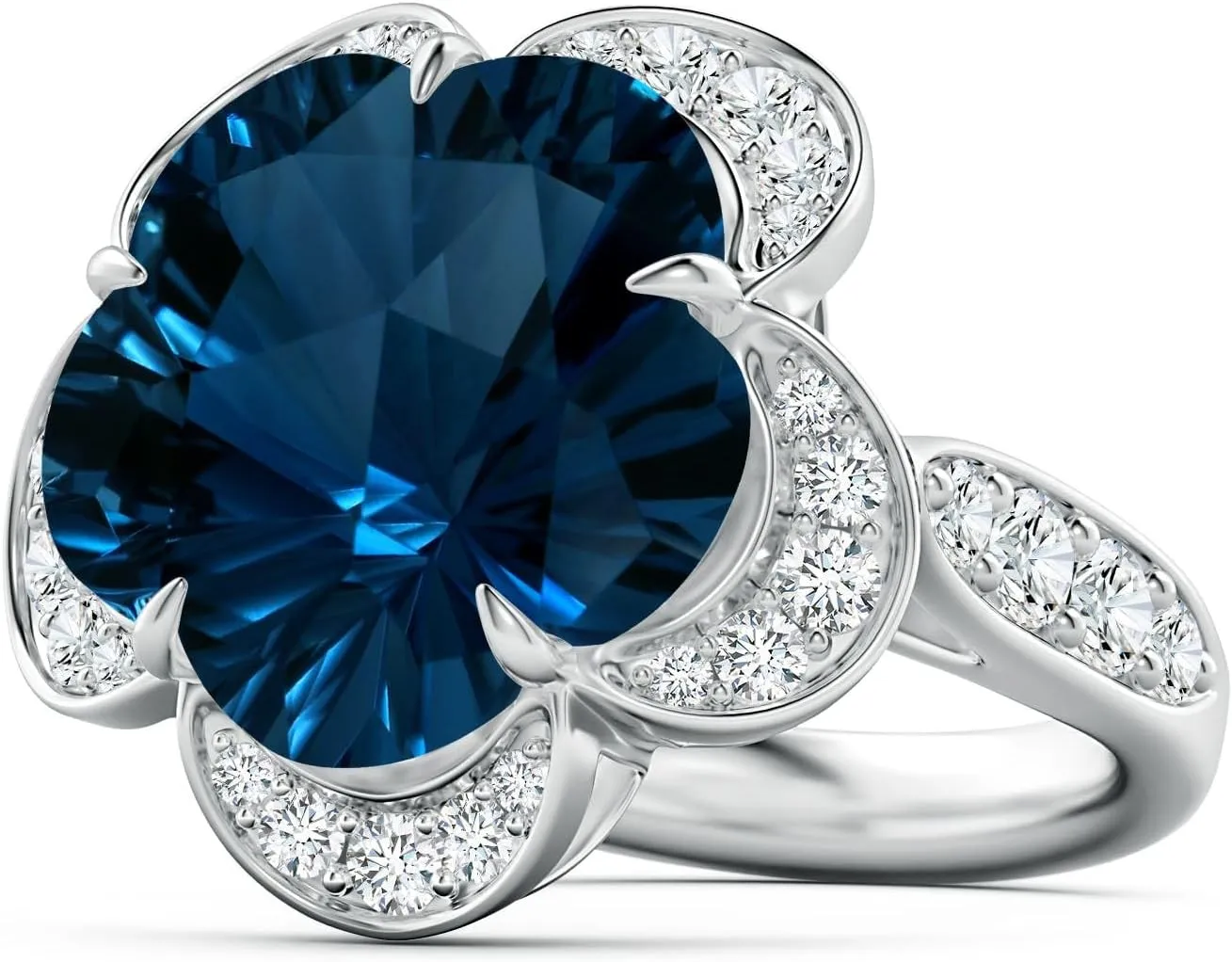 Angara Natural GIA Certified Five-Petal Flower 13.9 ct London Blue Topaz and Diamond Halo Ring in 14K Solid Gold/Platinum for Women | November Birthstone Jewelry for Women