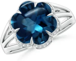 Angara Natural GIA Certified Six-Petal 4.34 ct London Blue Topaz Flower Triple Shank Cocktail Ring in 14K Solid Gold/Platinum for Women | November Birthstone Jewelry for Women