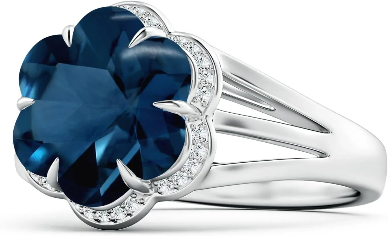 Angara Natural GIA Certified Six-Petal 4.34 ct London Blue Topaz Flower Triple Shank Cocktail Ring in 14K Solid Gold/Platinum for Women | November Birthstone Jewelry for Women