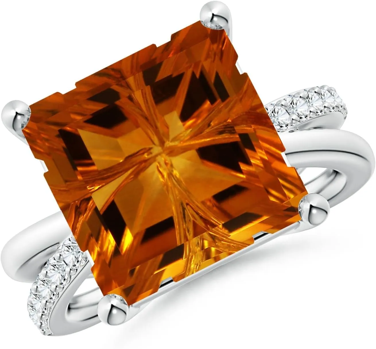 Angara Natural GIA Certified Square 7.69 ct Citrine Crossover Shank Ring with Diamonds in 14K Solid Gold/Platinum for Women | November Birthstone Jewelry for Women