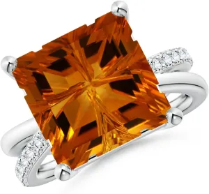 Angara Natural GIA Certified Square 7.69 ct Citrine Crossover Shank Ring with Diamonds in 14K Solid Gold/Platinum for Women | November Birthstone Jewelry for Women