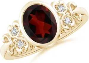 Angara Natural Vintage Style Bezel-Set Oval Garnet Ring with Diamonds in 14K Solid Gold/Platinum | January Birthstone, Birthday, Engagement, Anniversary, Wedding Jewelry Gift for Women
