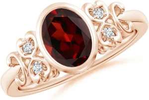 Angara Natural Vintage Style Bezel-Set Oval Garnet Ring with Diamonds in 14K Solid Gold/Platinum | January Birthstone, Birthday, Engagement, Anniversary, Wedding Jewelry Gift for Women