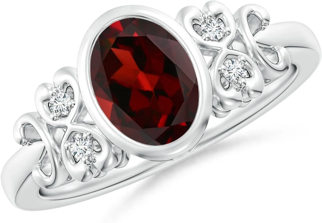 Angara Natural Vintage Style Bezel-Set Oval Garnet Ring with Diamonds in 14K Solid Gold/Platinum | January Birthstone, Birthday, Engagement, Anniversary, Wedding Jewelry Gift for Women