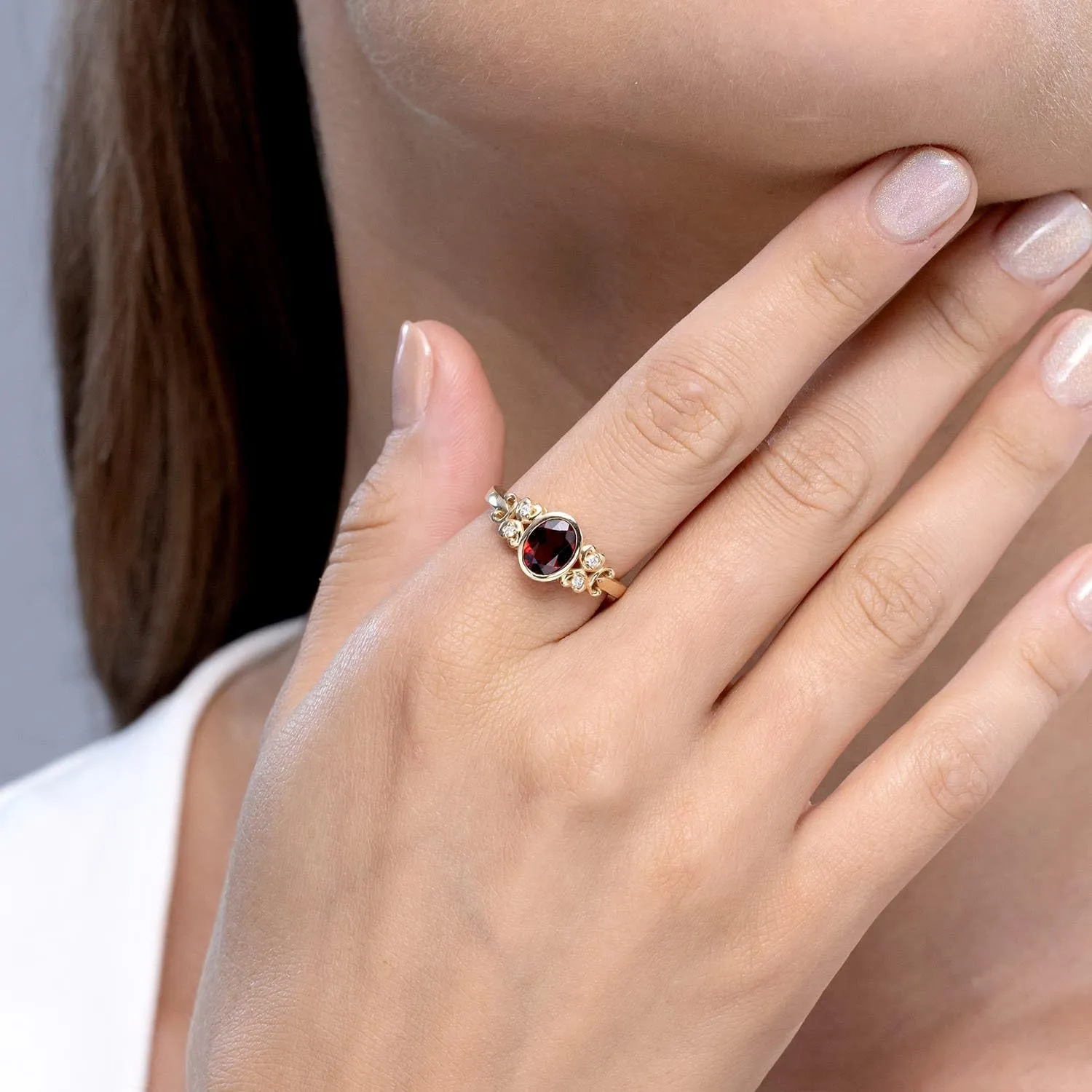 Angara Natural Vintage Style Bezel-Set Oval Garnet Ring with Diamonds in 14K Solid Gold/Platinum | January Birthstone, Birthday, Engagement, Anniversary, Wedding Jewelry Gift for Women