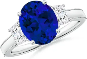 Angara Oval Lab Grown Blue Sapphire and Trapezoid Diamond Hidden Halo Engagement Ring in 14K Solid Gold/Platinum | Birthday, Anniversary, Wedding Jewelry Gift for Women