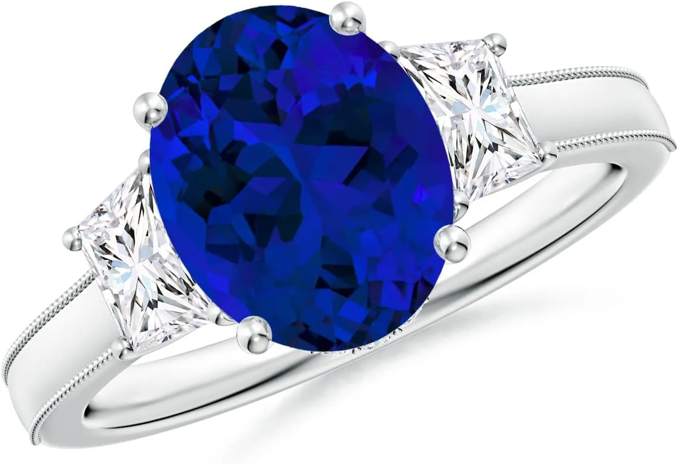 Angara Oval Lab Grown Blue Sapphire and Trapezoid Diamond Hidden Halo Engagement Ring in 14K Solid Gold/Platinum | Birthday, Anniversary, Wedding Jewelry Gift for Women