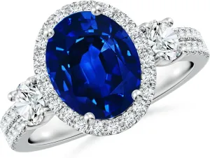 Angara Oval Lab Grown Blue Sapphire Halo Double Shank Engagement Ring in 14K Solid Gold/Platinum | September Birthstone, Birthday, Anniversary, Wedding Jewelry Gift for Women