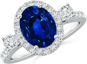 Angara Oval Lab Grown Blue Sapphire Halo Side Stone Engagement Ring in 14K Solid Gold/Platinum | September Birthstone, Birthday, Anniversary, Wedding Jewelry Gift for Women