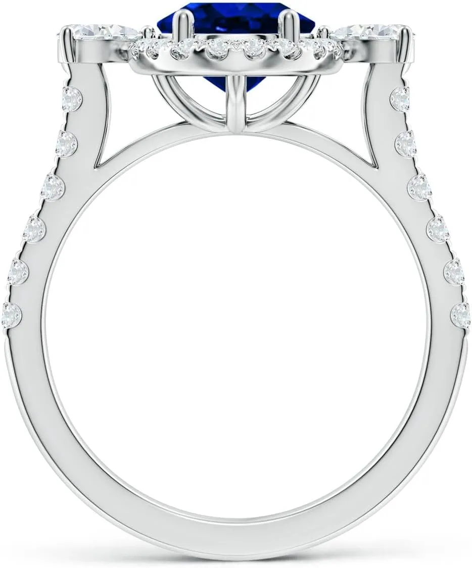 Angara Oval Lab Grown Blue Sapphire Halo Side Stone Engagement Ring in 14K Solid Gold/Platinum | September Birthstone, Birthday, Anniversary, Wedding Jewelry Gift for Women