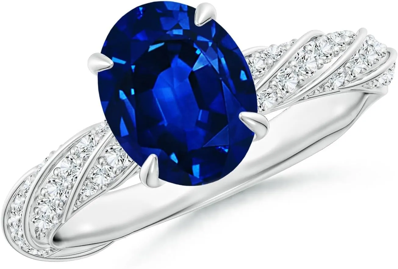 Angara Oval Lab Grown Blue Sapphire Twisted Rope Shank Engagement Ring in 14K Solid Gold/Platinum | September Birthstone, Birthday, Anniversary, Wedding Jewelry Gift for Women