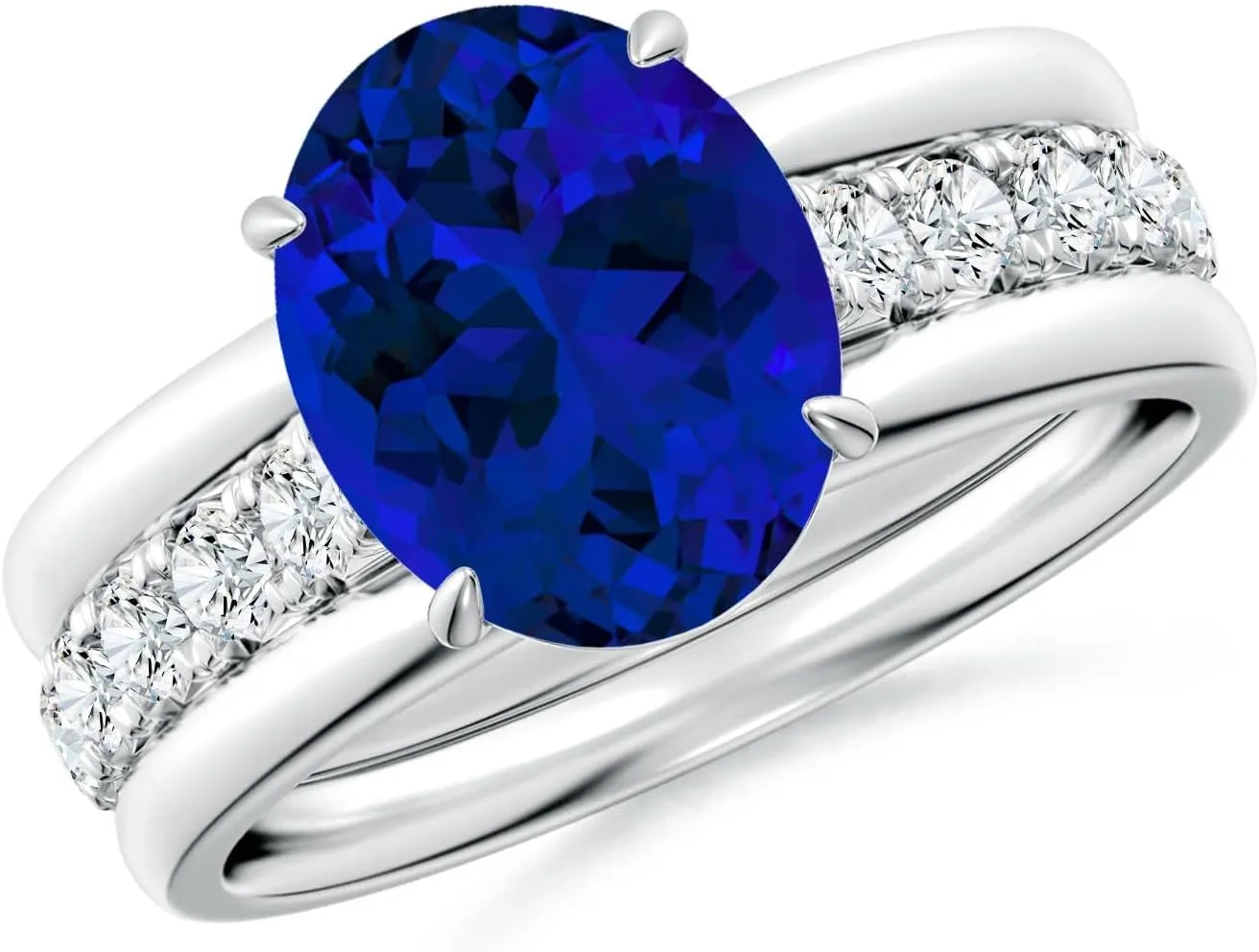Angara Oval Lab Grown Blue Sapphire Two Tone Engagement Ring with Accents in 14K Solid Gold/Platinum | Birthday, Anniversary, Wedding Jewelry Gift for Women