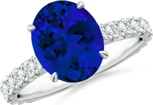 Angara Oval Lab Grown Blue Sapphire Two Tone Engagement Ring with Accents in 14K Solid Gold/Platinum | Birthday, Anniversary, Wedding Jewelry Gift for Women