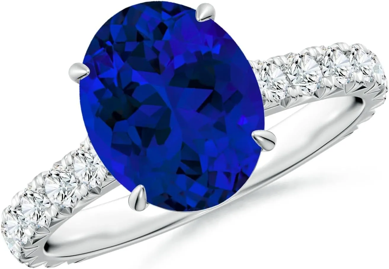 Angara Oval Lab Grown Blue Sapphire Two Tone Engagement Ring with Accents in 14K Solid Gold/Platinum | Birthday, Anniversary, Wedding Jewelry Gift for Women