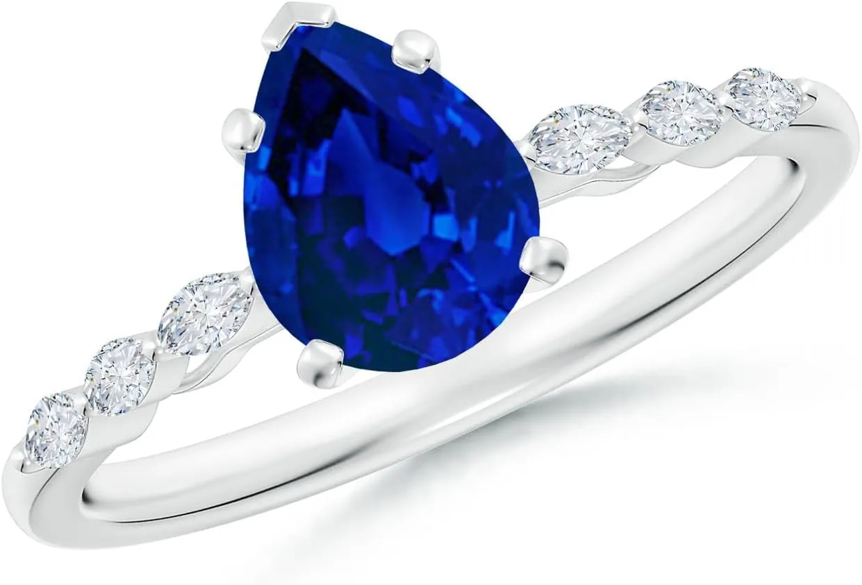 Angara Pear Lab Grown Blue Sapphire Engagement Ring with Marquise Diamonds in 14K Solid Gold/Platinum | Birthday, Anniversary, Wedding Jewelry Gift for Women