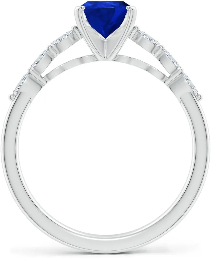 Angara Pear Lab Grown Blue Sapphire Engagement Ring with Marquise Diamonds in 14K Solid Gold/Platinum | Birthday, Anniversary, Wedding Jewelry Gift for Women