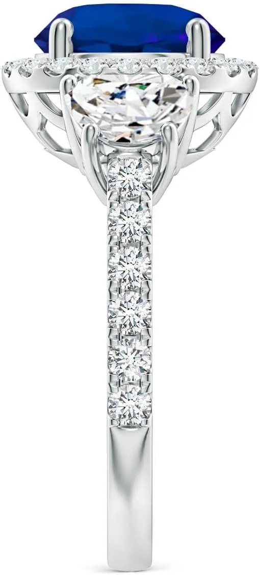 Angara Round Lab Grown Blue Sapphire and Half Moon Diamond Halo Engagement Ring in 14K Solid Gold/Platinum | Birthday, Anniversary, Wedding Jewelry Gift for Women