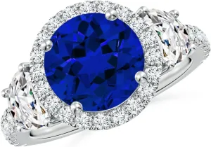 Angara Round Lab Grown Blue Sapphire and Half Moon Diamond Halo Engagement Ring in 14K Solid Gold/Platinum | Birthday, Anniversary, Wedding Jewelry Gift for Women