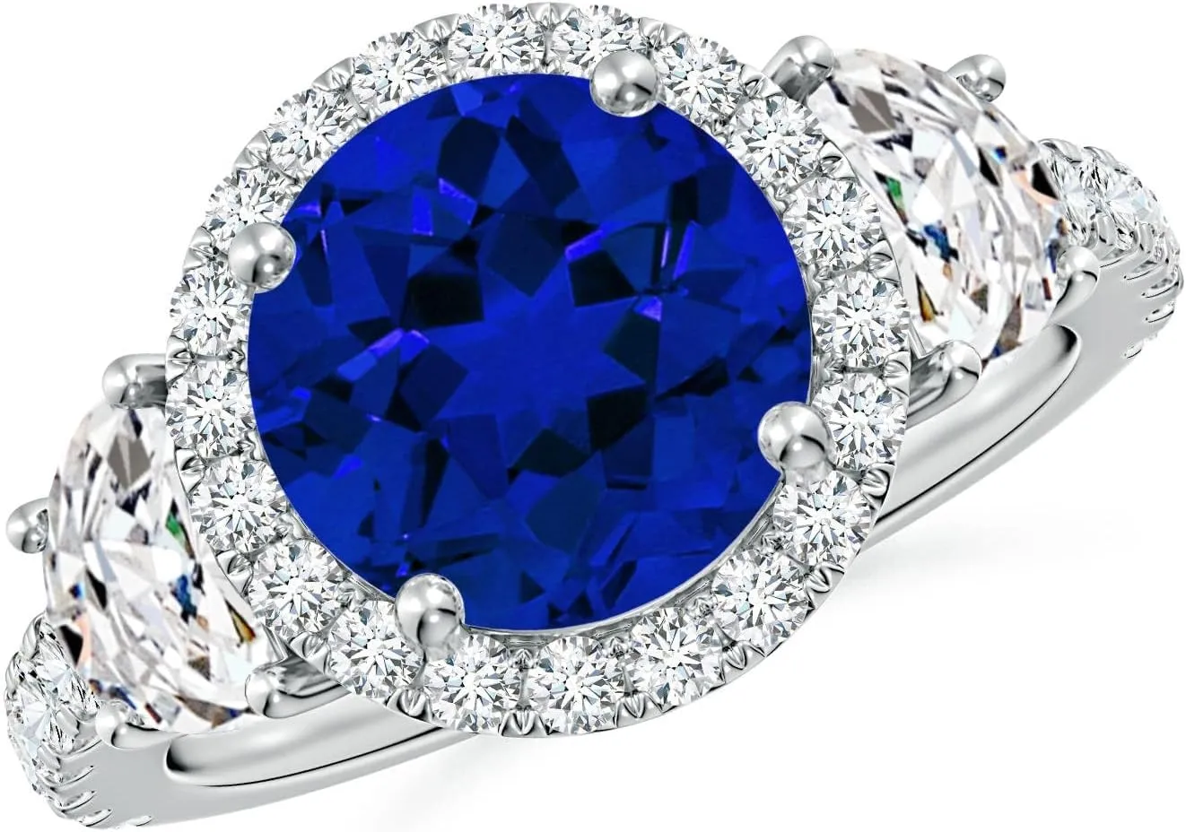 Angara Round Lab Grown Blue Sapphire and Half Moon Diamond Halo Engagement Ring in 14K Solid Gold/Platinum | Birthday, Anniversary, Wedding Jewelry Gift for Women
