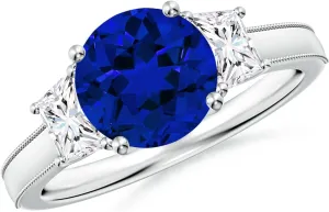 Angara Round Lab Grown Blue Sapphire and Trapezoid Diamond Hidden Halo Engagement Ring in 14K Solid Gold/Platinum | Birthday, Anniversary, Wedding Jewelry Gift for Women