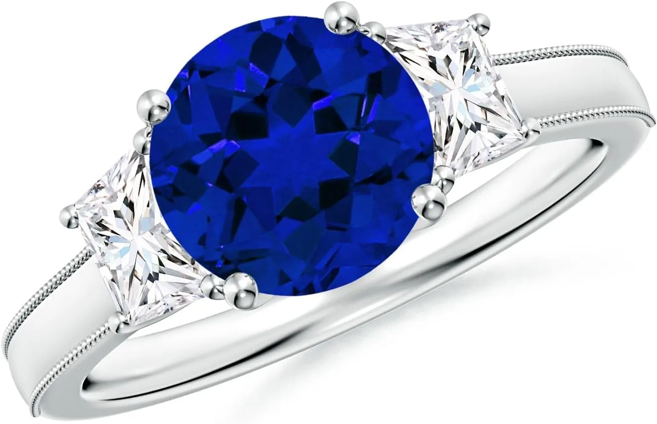 Angara Round Lab Grown Blue Sapphire and Trapezoid Diamond Hidden Halo Engagement Ring in 14K Solid Gold/Platinum | Birthday, Anniversary, Wedding Jewelry Gift for Women