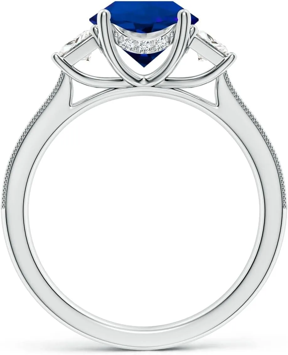 Angara Round Lab Grown Blue Sapphire and Trapezoid Diamond Hidden Halo Engagement Ring in 14K Solid Gold/Platinum | Birthday, Anniversary, Wedding Jewelry Gift for Women