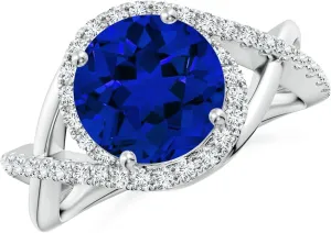 Angara Round Lab Grown Blue Sapphire Criss Cross Shank Engagement Ring with Accents in 14K Solid Gold/Platinum | Birthday, Anniversary, Wedding Jewelry Gift for Women
