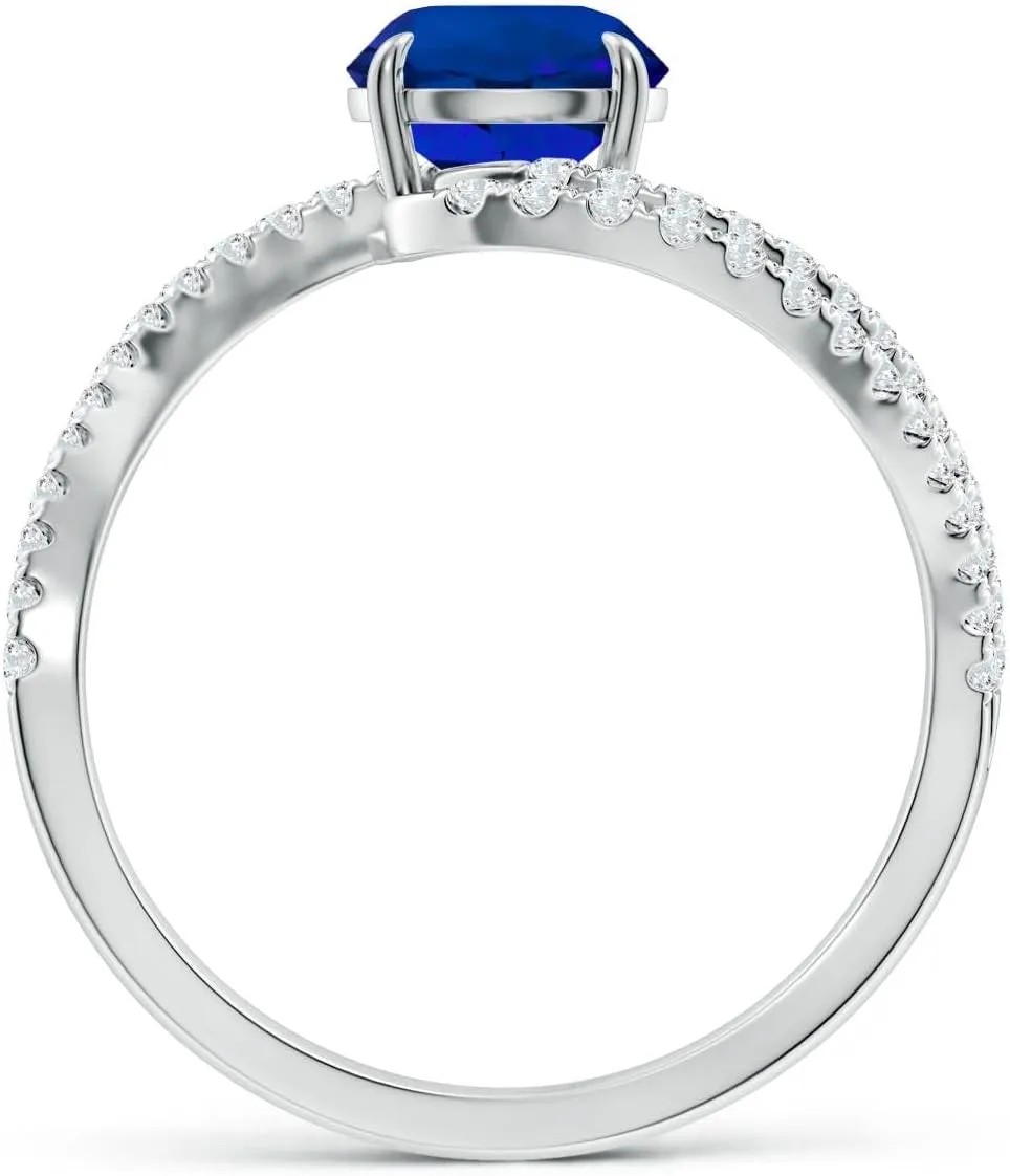 Angara Round Lab Grown Blue Sapphire Curved Bypass Shank Engagement Ring in 14K Solid Gold/Platinum | Birthday, Anniversary, Wedding Jewelry Gift for Women