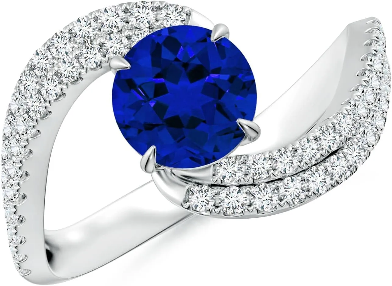 Angara Round Lab Grown Blue Sapphire Curved Bypass Shank Engagement Ring in 14K Solid Gold/Platinum | Birthday, Anniversary, Wedding Jewelry Gift for Women