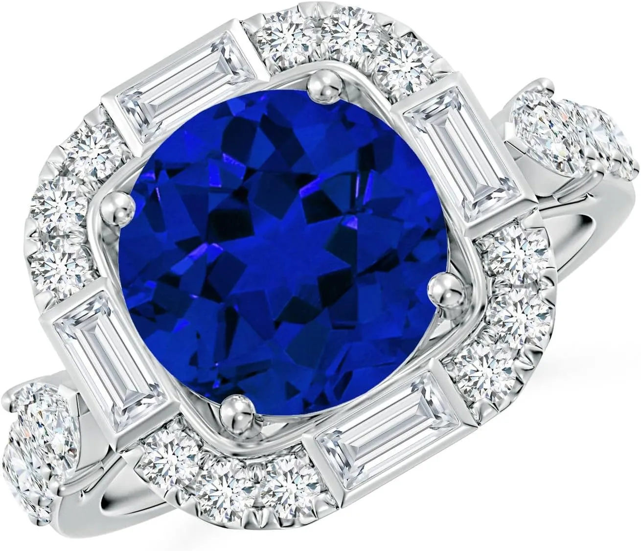 Angara Round Lab Grown Blue Sapphire Unique Halo Engagement Ring with Accents in 14K Solid Gold/Platinum | Birthday, Anniversary, Wedding Jewelry Gift for Women
