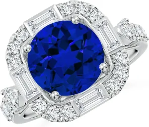 Angara Round Lab Grown Blue Sapphire Unique Halo Engagement Ring with Accents in 14K Solid Gold/Platinum | Birthday, Anniversary, Wedding Jewelry Gift for Women