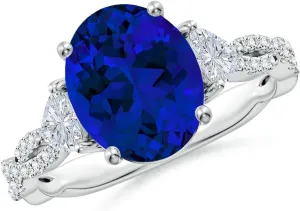 Angara Three Stone Oval Lab Grown Blue Sapphire and Trillion Diamond Twisted Shank Engagement Ring in 14K Solid Gold/Platinum | Birthday, Anniversary, Wedding Jewelry Gift for Women