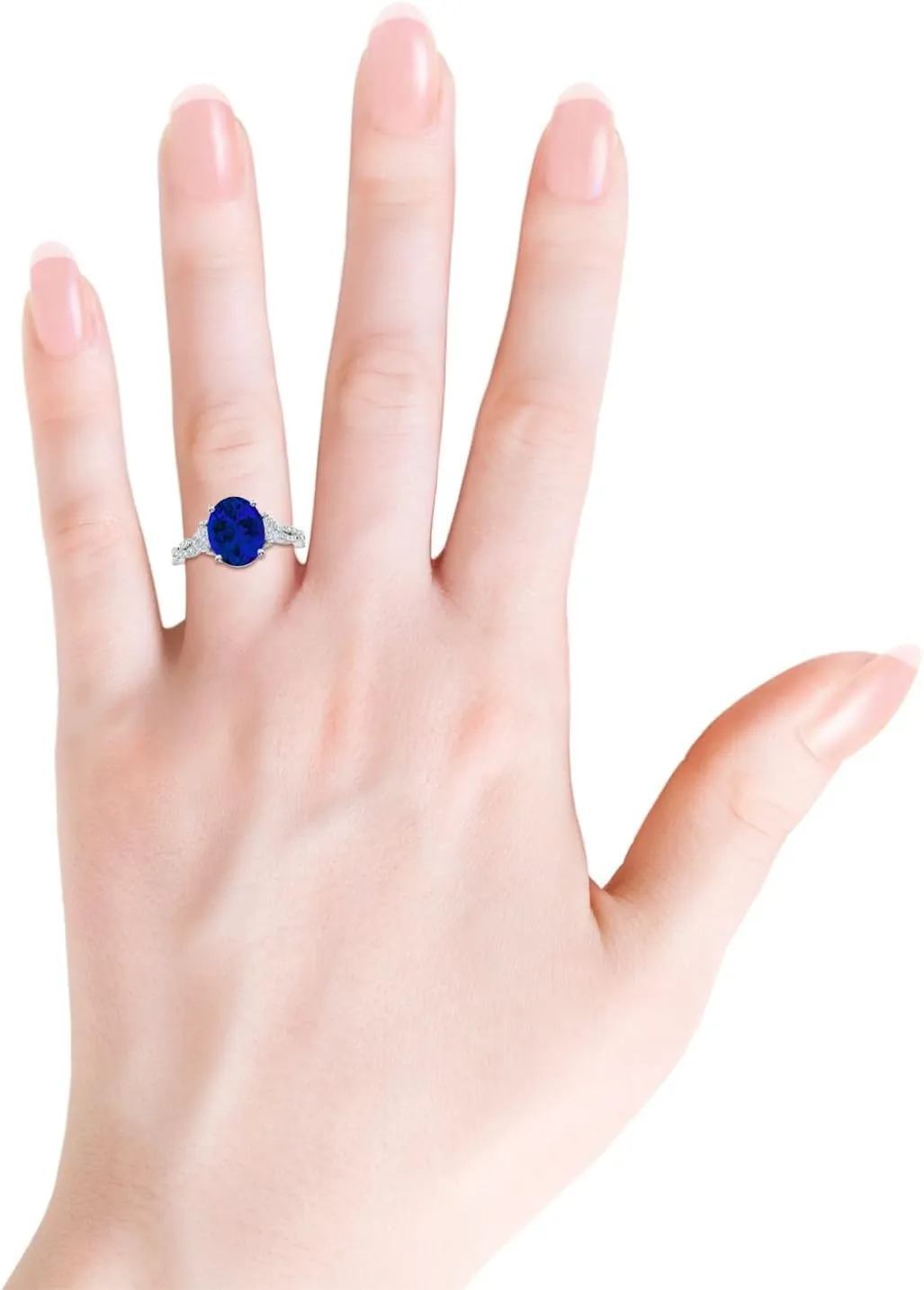 Angara Three Stone Oval Lab Grown Blue Sapphire and Trillion Diamond Twisted Shank Engagement Ring in 14K Solid Gold/Platinum | Birthday, Anniversary, Wedding Jewelry Gift for Women