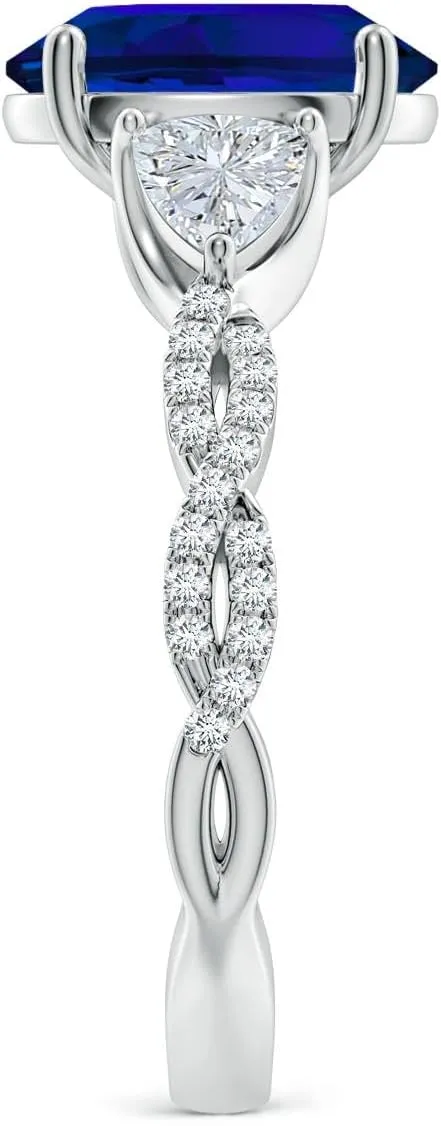 Angara Three Stone Oval Lab Grown Blue Sapphire and Trillion Diamond Twisted Shank Engagement Ring in 14K Solid Gold/Platinum | Birthday, Anniversary, Wedding Jewelry Gift for Women