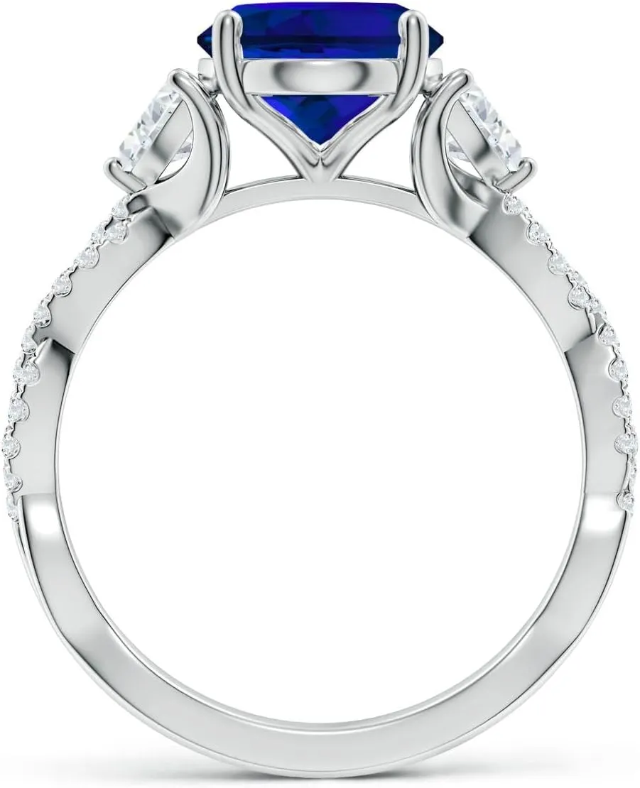 Angara Three Stone Oval Lab Grown Blue Sapphire and Trillion Diamond Twisted Shank Engagement Ring in 14K Solid Gold/Platinum | Birthday, Anniversary, Wedding Jewelry Gift for Women