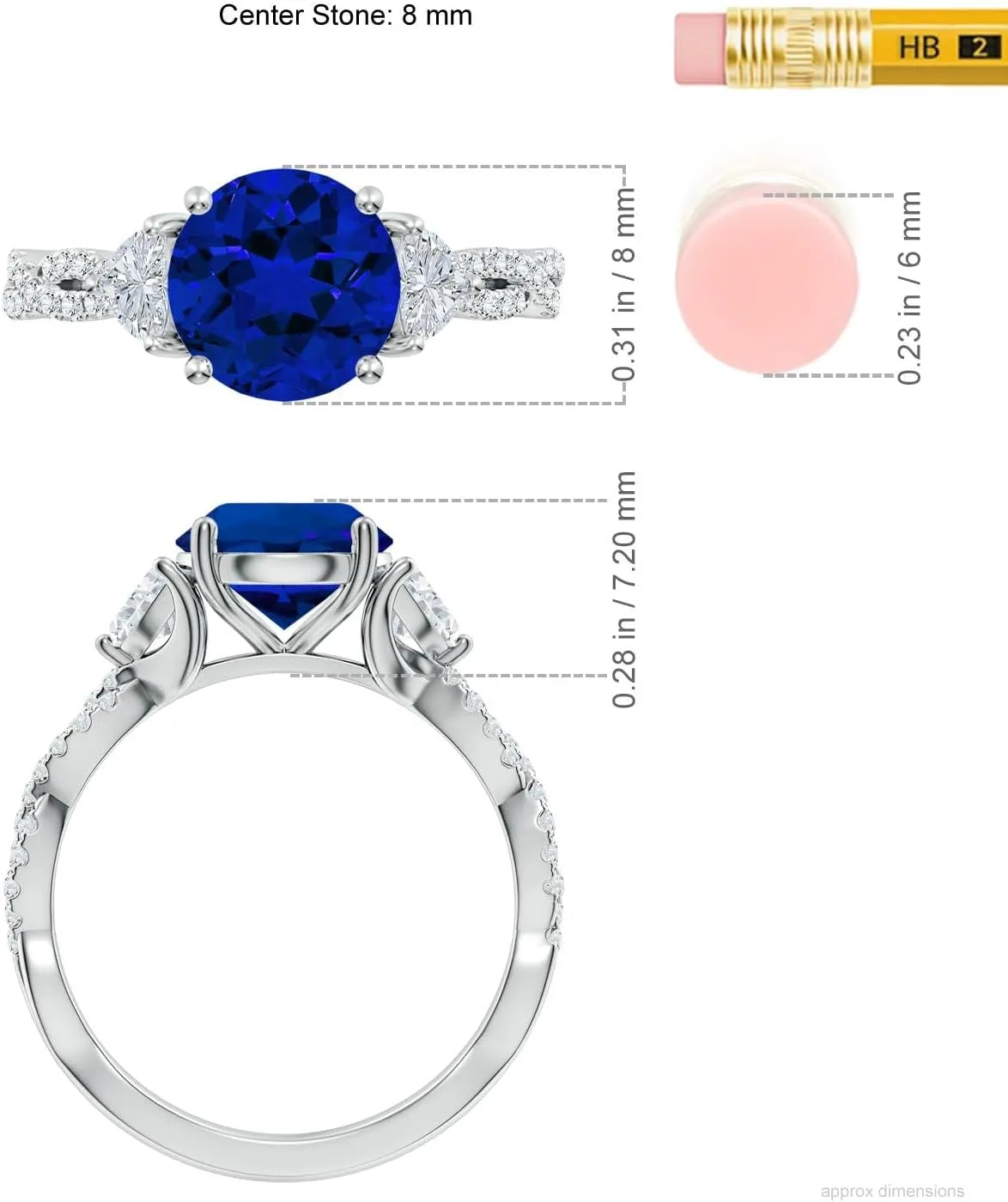 Angara Three Stone Round Lab Grown Blue Sapphire and Trillion Diamond Twisted Shank Engagement Ring in 14K Solid Gold/Platinum | Birthday, Anniversary, Wedding Jewelry Gift for Women