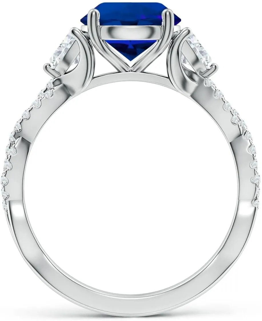 Angara Three Stone Round Lab Grown Blue Sapphire and Trillion Diamond Twisted Shank Engagement Ring in 14K Solid Gold/Platinum | Birthday, Anniversary, Wedding Jewelry Gift for Women