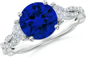 Angara Three Stone Round Lab Grown Blue Sapphire and Trillion Diamond Twisted Shank Engagement Ring in 14K Solid Gold/Platinum | Birthday, Anniversary, Wedding Jewelry Gift for Women