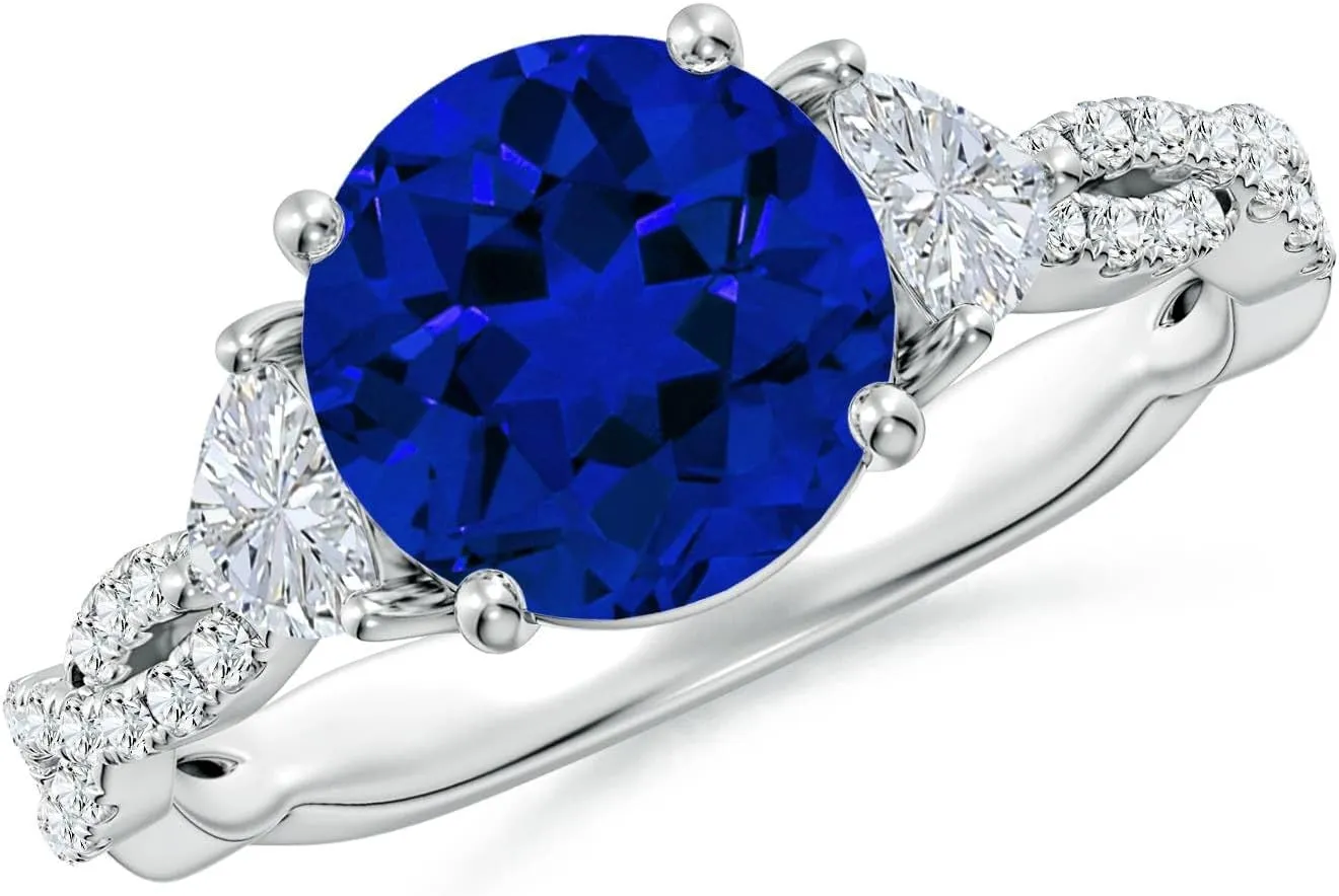 Angara Three Stone Round Lab Grown Blue Sapphire and Trillion Diamond Twisted Shank Engagement Ring in 14K Solid Gold/Platinum | Birthday, Anniversary, Wedding Jewelry Gift for Women