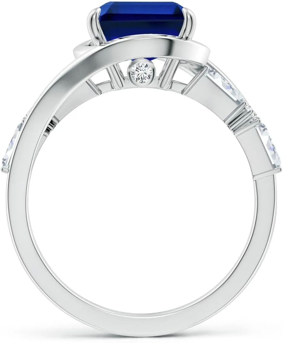 Angara Vintage Inspired Emerald-Cut Lab Grown Blue Sapphire Bypass Shank Engagement Ring in 14K Solid Gold/Platinum | Birthday, Anniversary, Wedding Jewelry Gift for Women