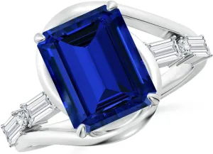 Angara Vintage Inspired Emerald-Cut Lab Grown Blue Sapphire Bypass Shank Engagement Ring in 14K Solid Gold/Platinum | Birthday, Anniversary, Wedding Jewelry Gift for Women