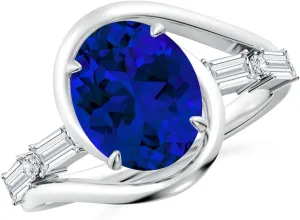 Angara Vintage Inspired Oval Lab Grown Blue Sapphire Bypass Shank Engagement Ring in 14K Solid Gold/Platinum | Birthday, Anniversary, Wedding Jewelry Gift for Women